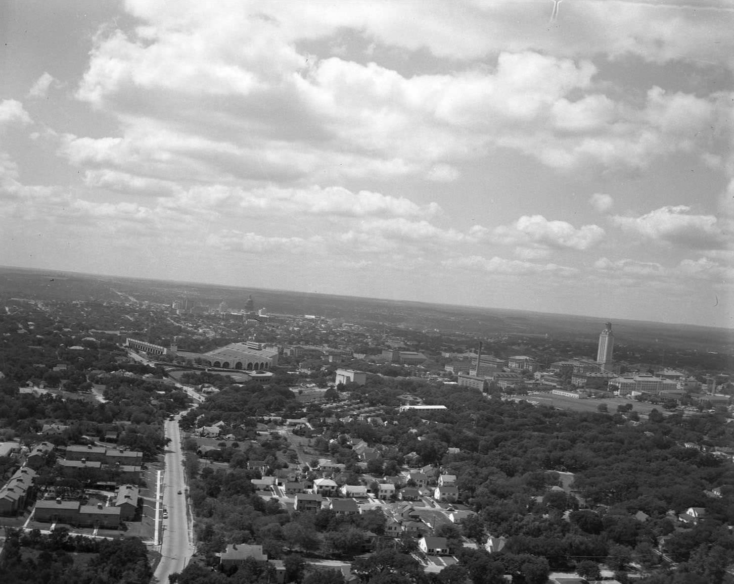 Aerial view of neighborhood south of the University of Texas in foreground, 1950