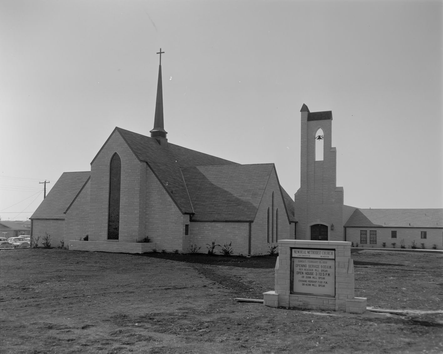 Exterior of Memorial Methodist Church and grounds, 1958