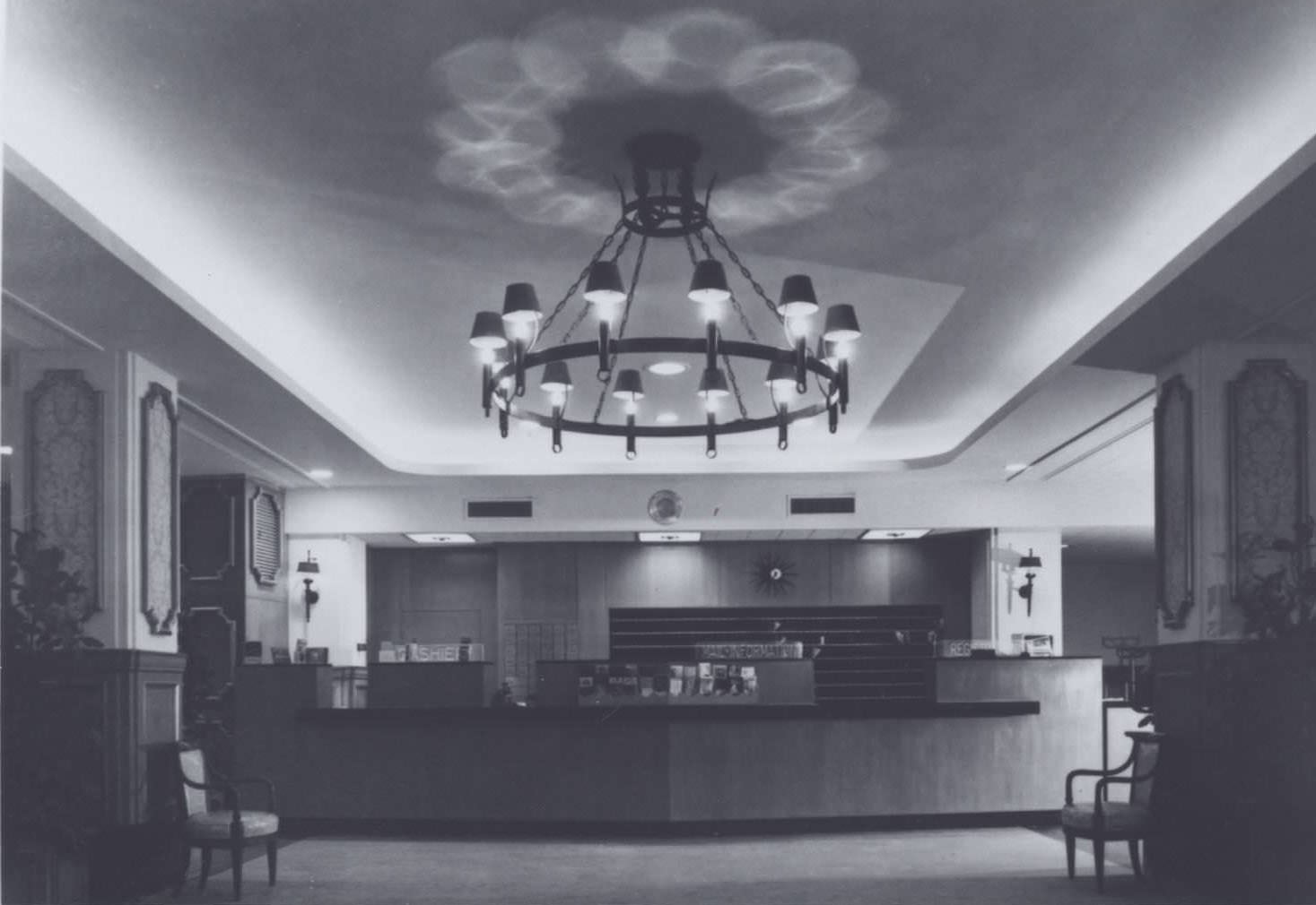 Lobby and registration desk at the Stephen F. Austin Hotel, located at 701 Congress Avenue, 1950