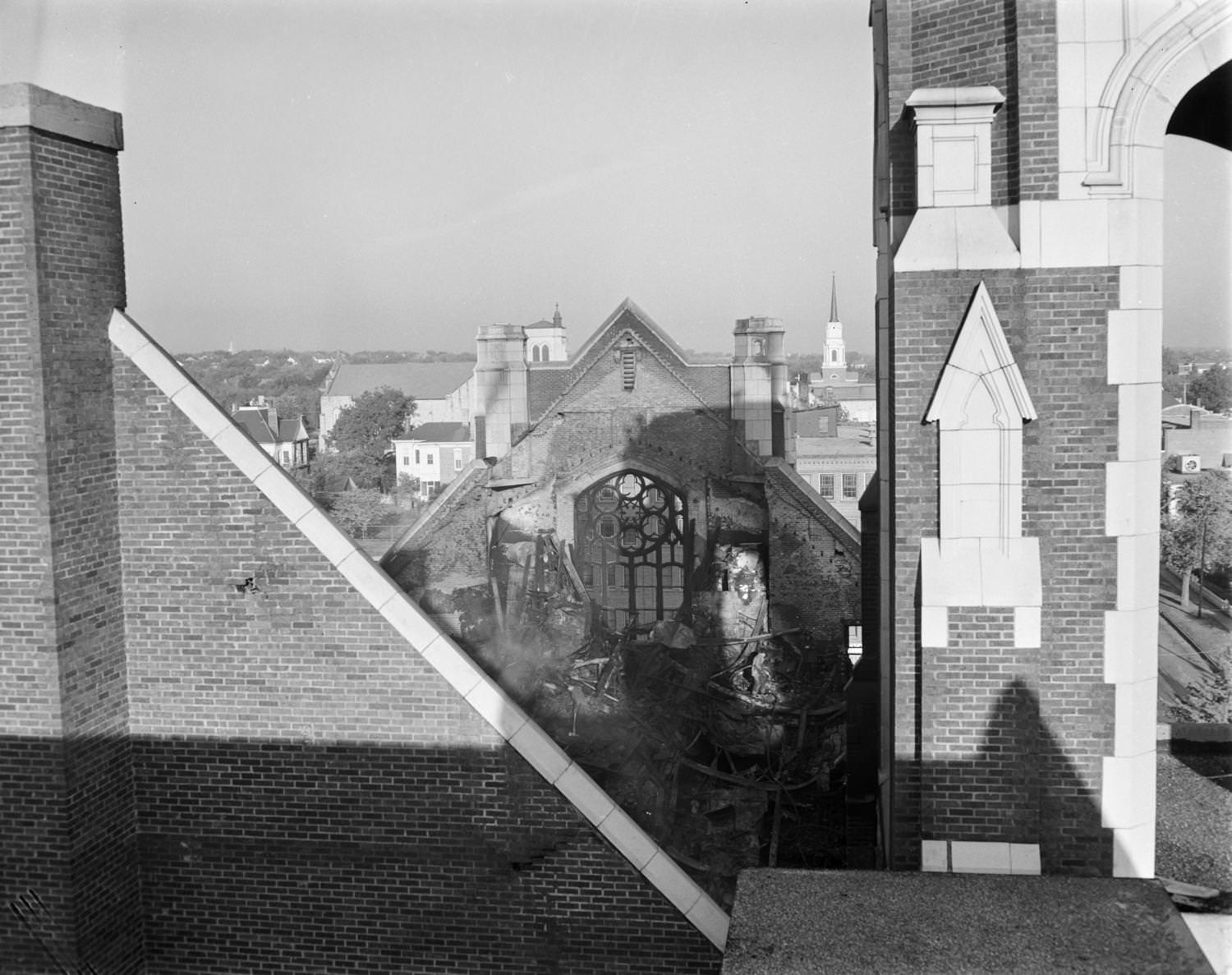 Top View of Fire Damage on Austin Avenue Methodist Church, 1954