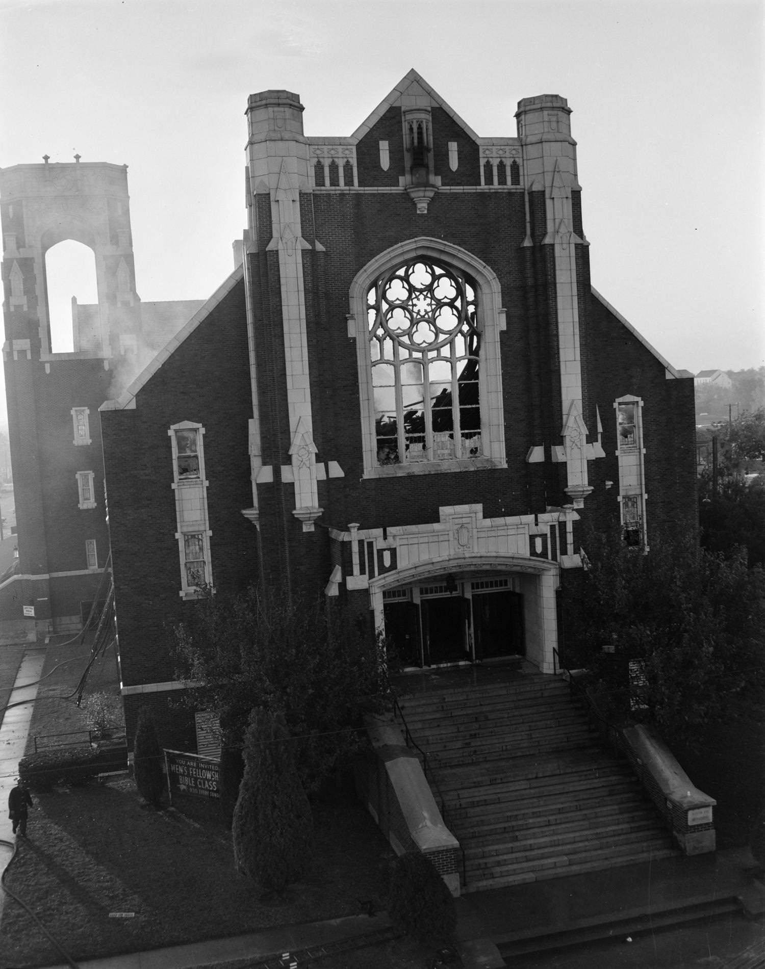 Front View of Fire Damage to Austin Avenue Methodist Church, 1954