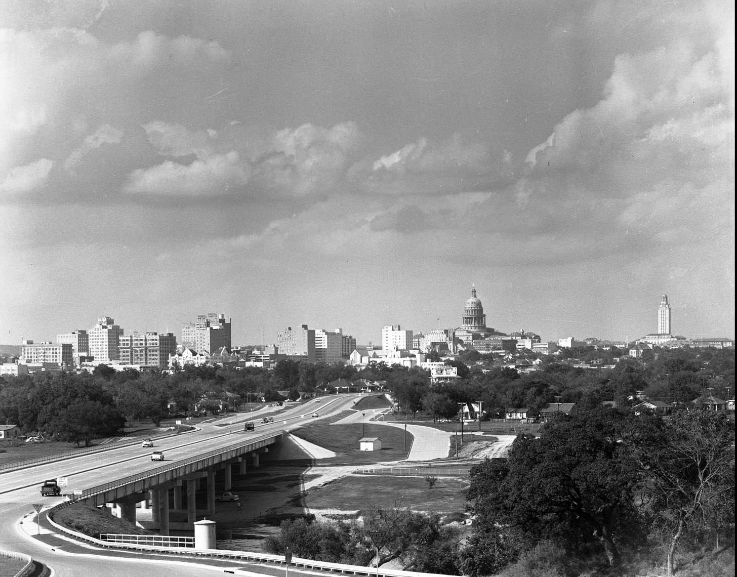 Austin Skyline (closer view) from south of the Colorado River on I-35, 1957