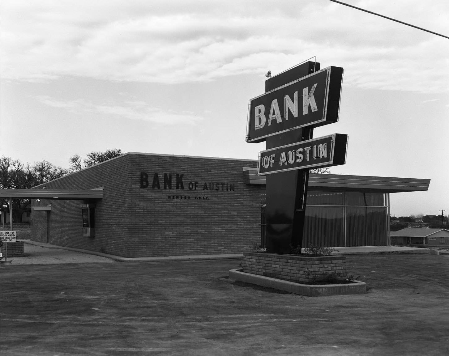 Exterior Bank of Austin, close up, President R M McKee, East Oltorf St., 1957