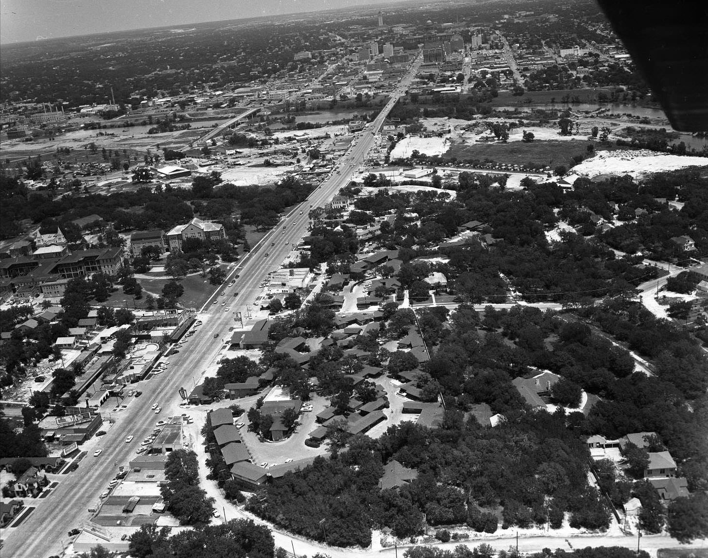 Aerial shot facing north of South and Downtown Austin, 1955