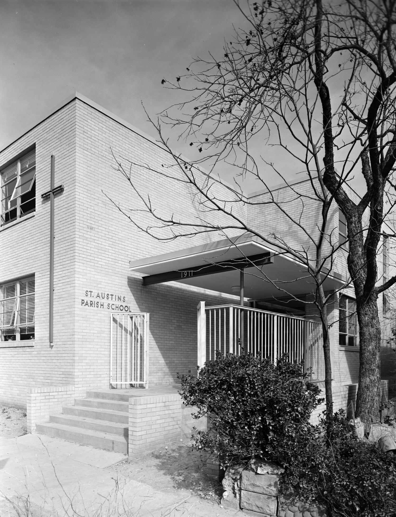 The porch and entrance to St Austin's Parish School, now St. Austin Catholic School, at 1911 San Antonio St., Austin, 1955
