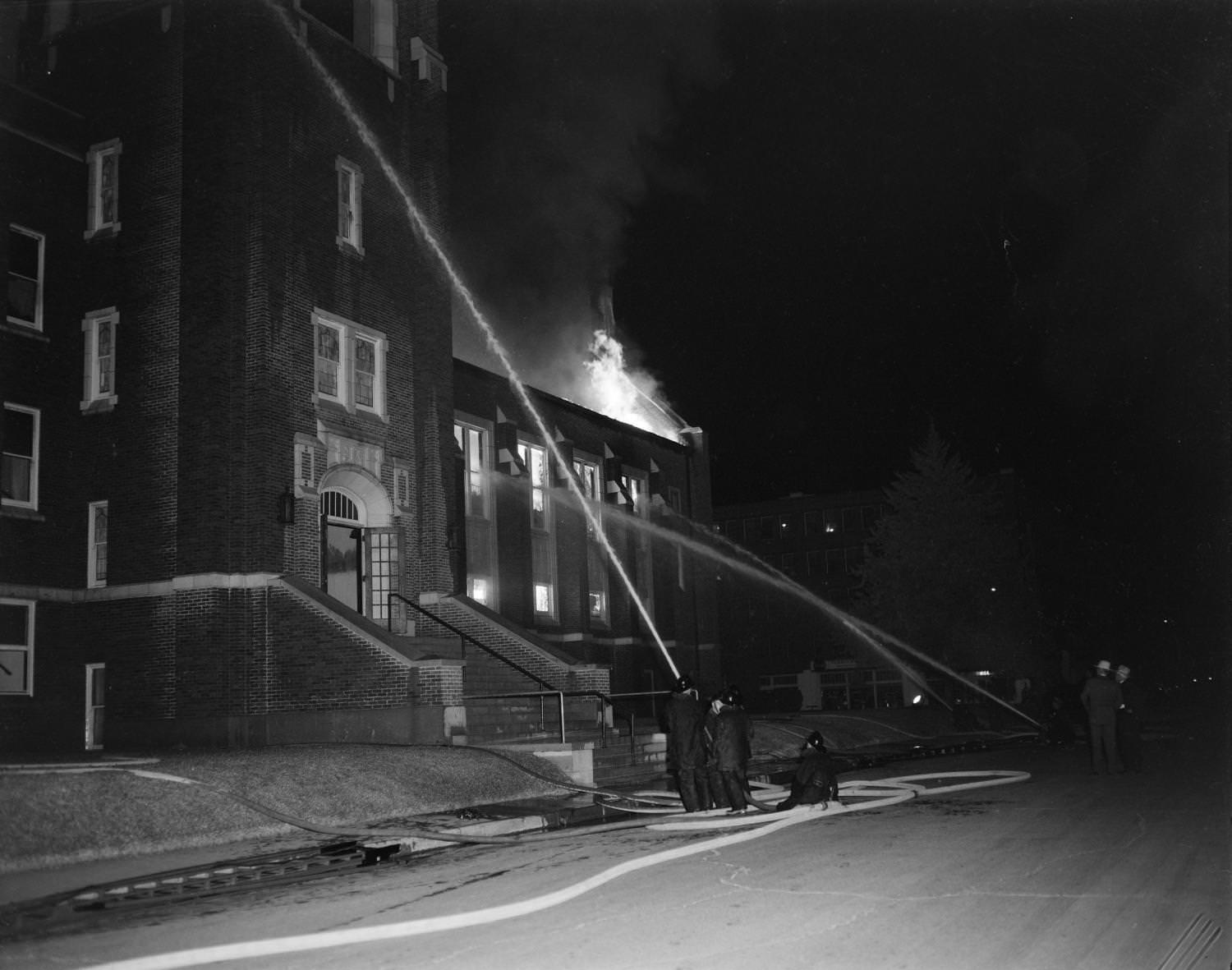 Firefighters outside Austin Avenue Methodist Church No. 3, 1954