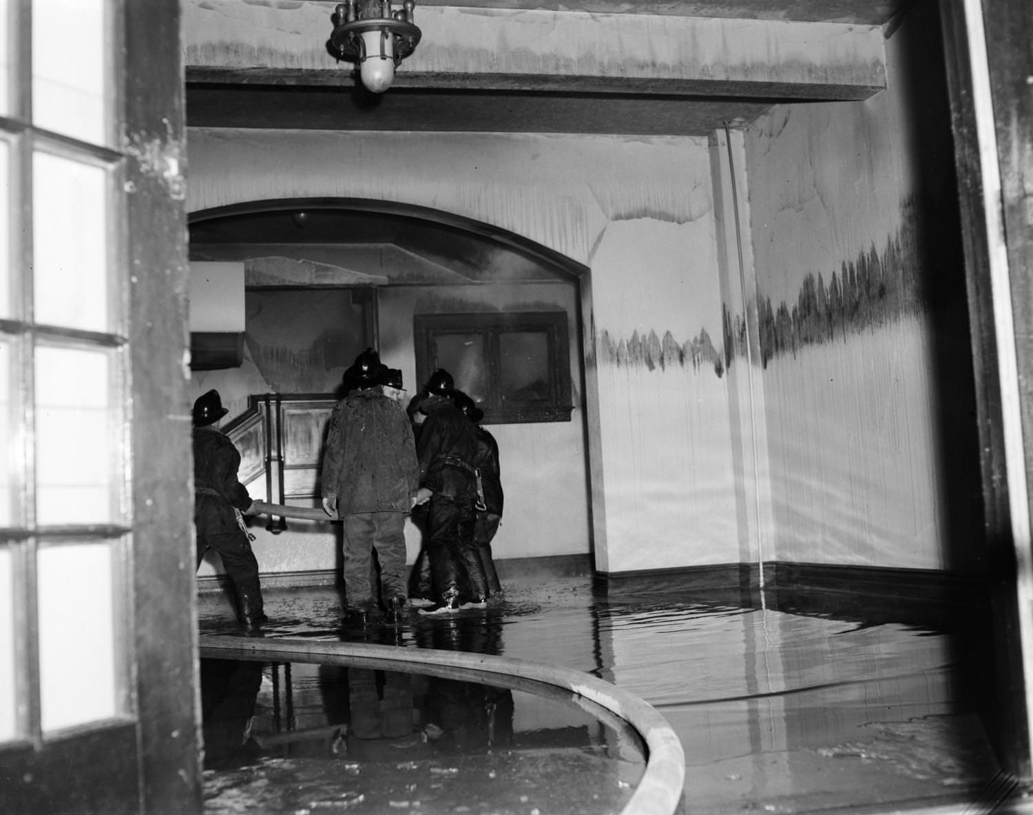 Firefighters Inside Austin Avenue Methodist Church, 1954
