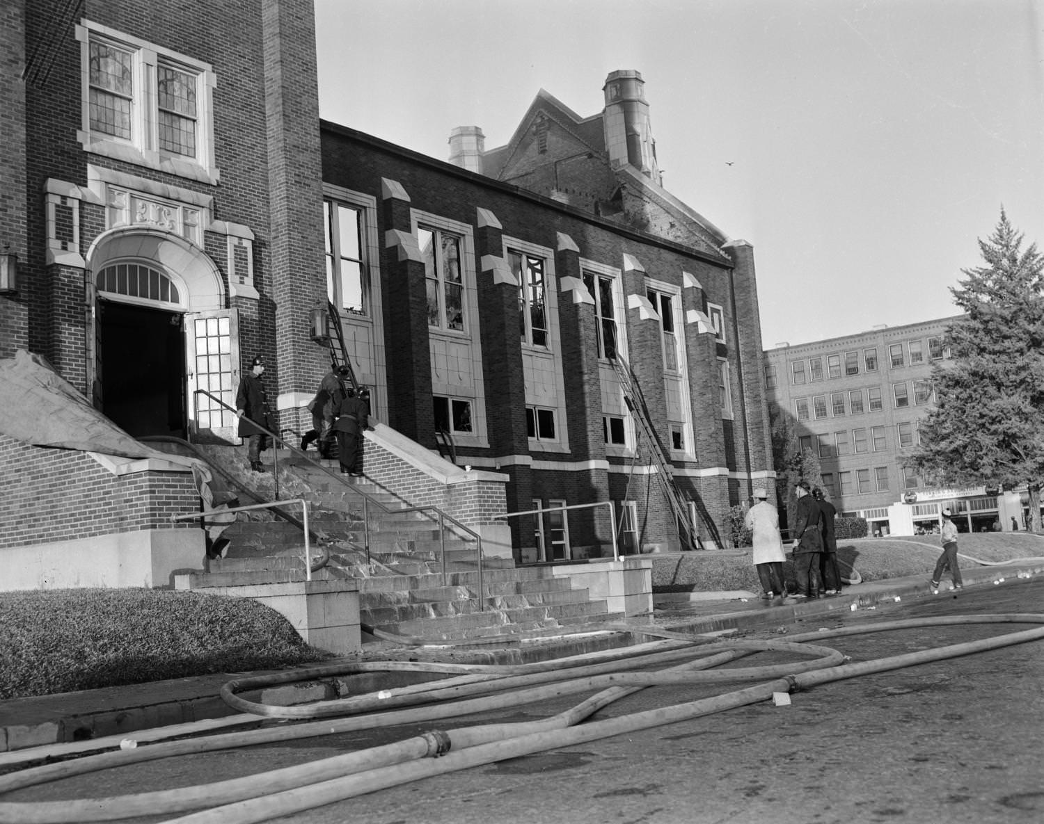 Firefighters outside Austin Avenue Methodist Church, 1954