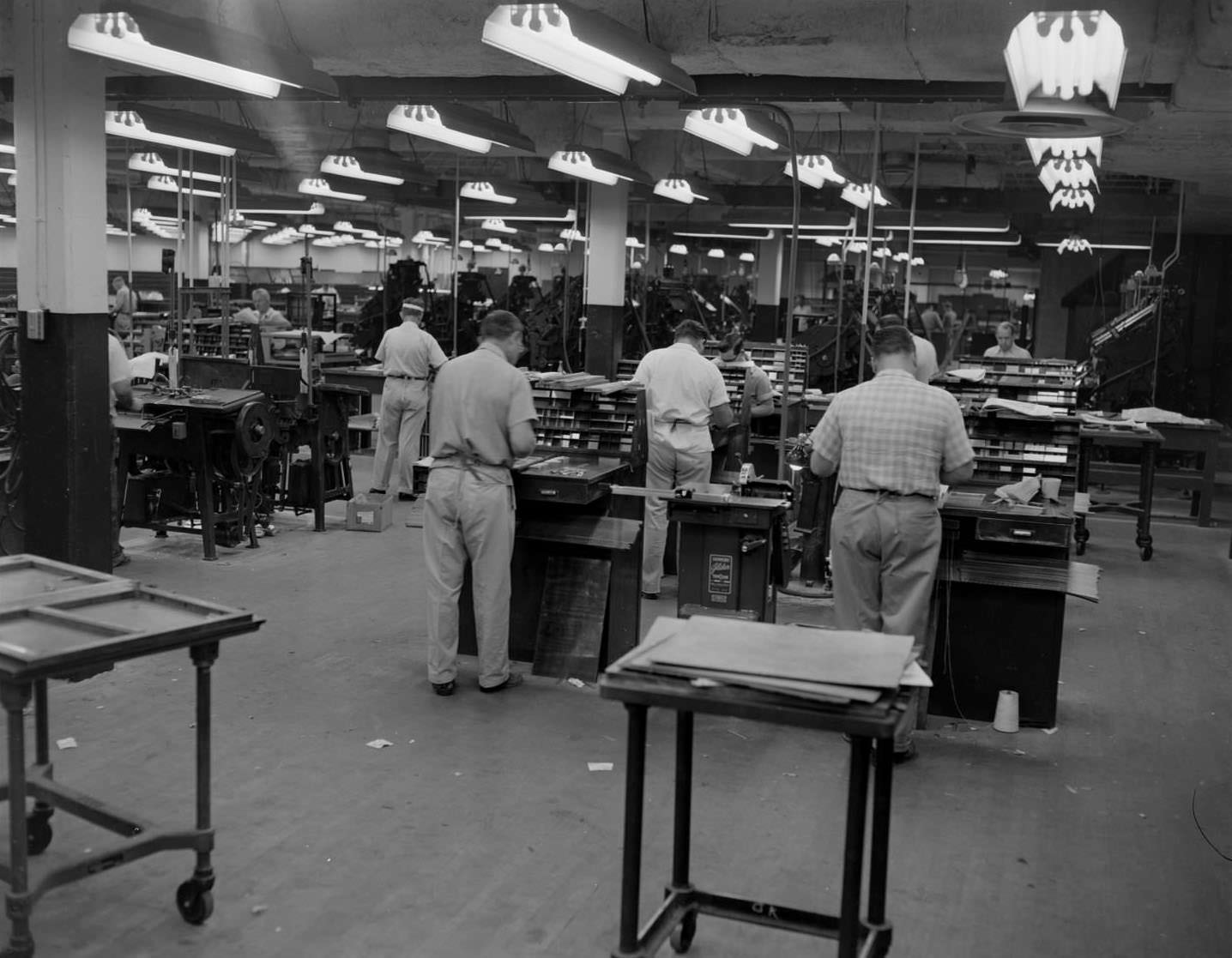 Men working in shop at Austin American-Statesman, 1953