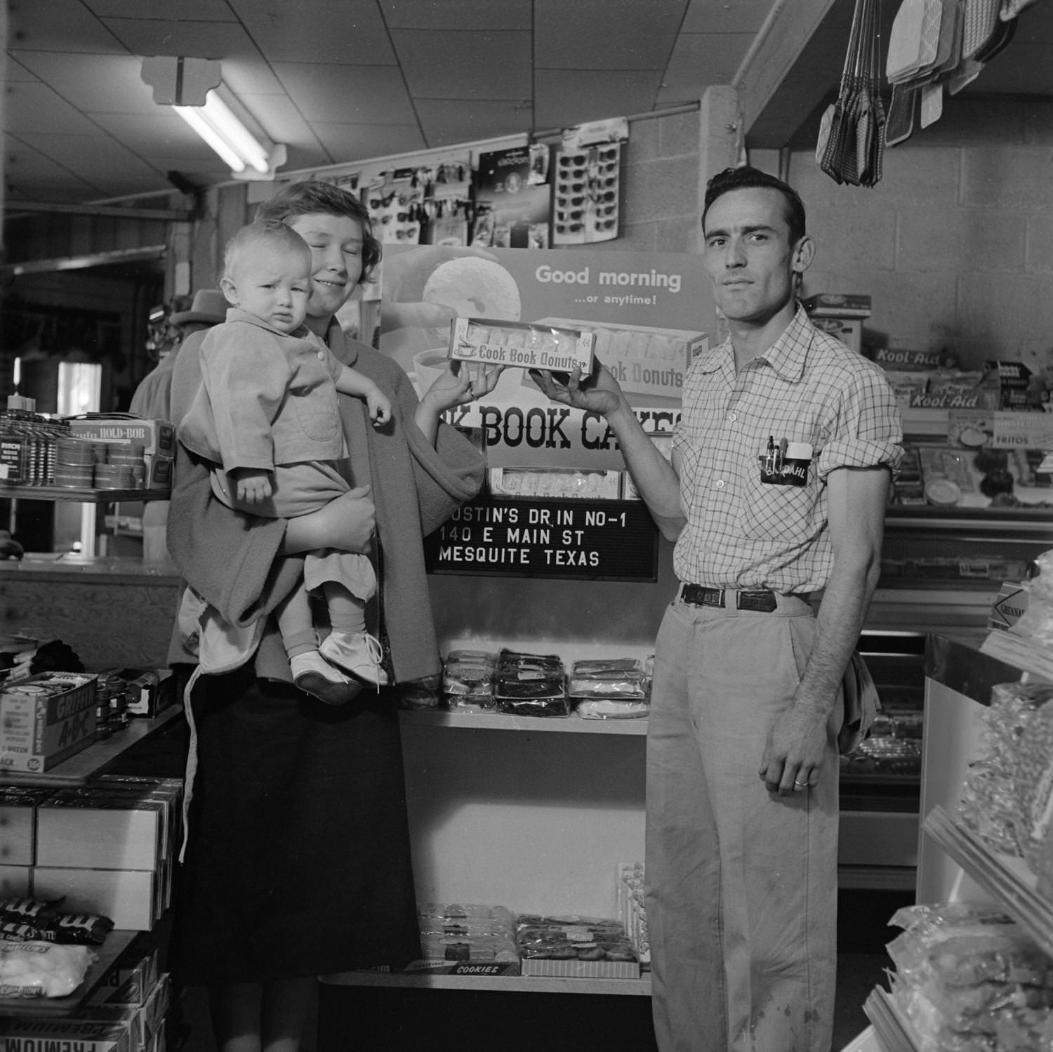 Product displays at Austin's Drive In, 1957