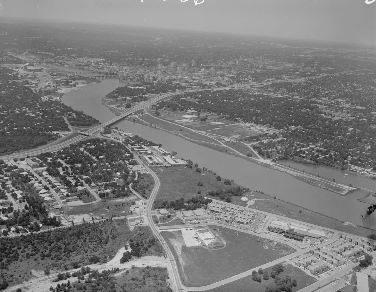 Aerial view of Town Lake looking northwest, 1968