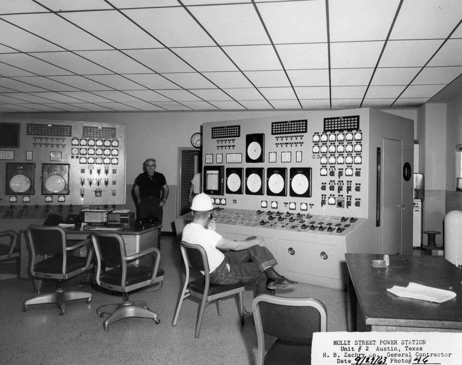 Two men in the control room of the Holly Street Power Plant, Austin, Texas, 1963
