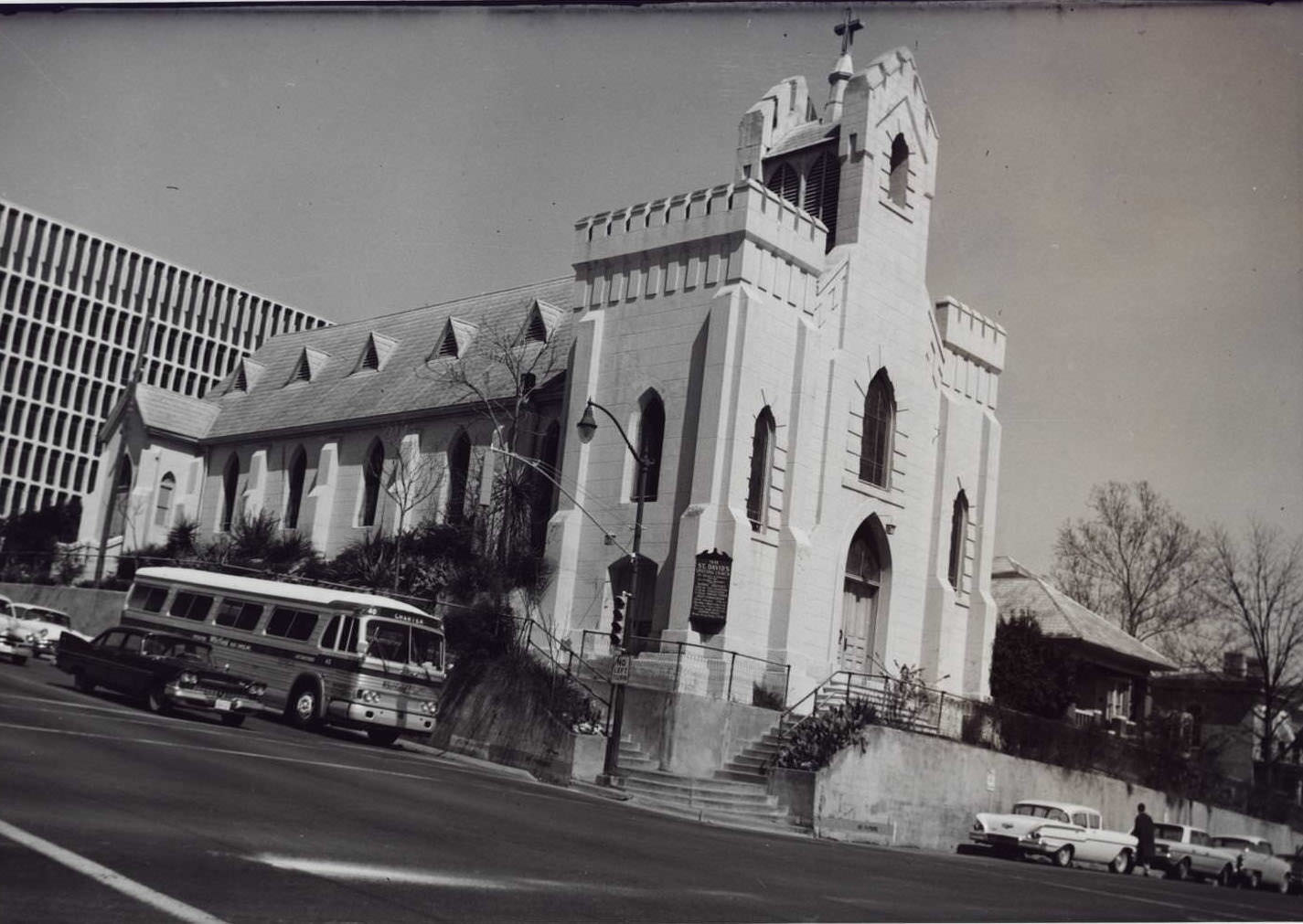 Exterior of St. David's Episcopal Church taken from across the street at the intersection of San Jacinto and East 7th, 1965