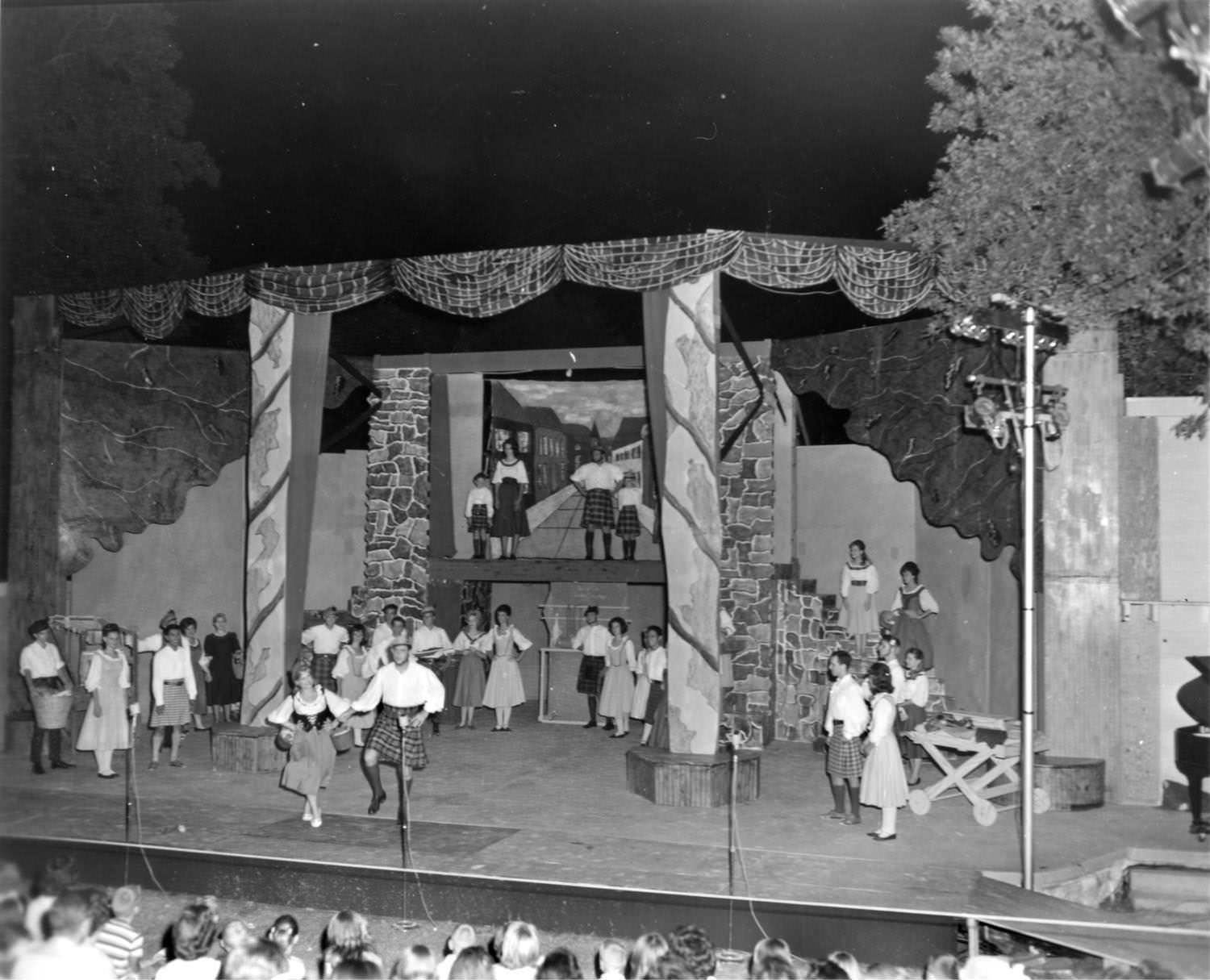 The cast of actors performing Brigadoon as the summer drama at the Zilker Hillside Theater in Austin, 1964