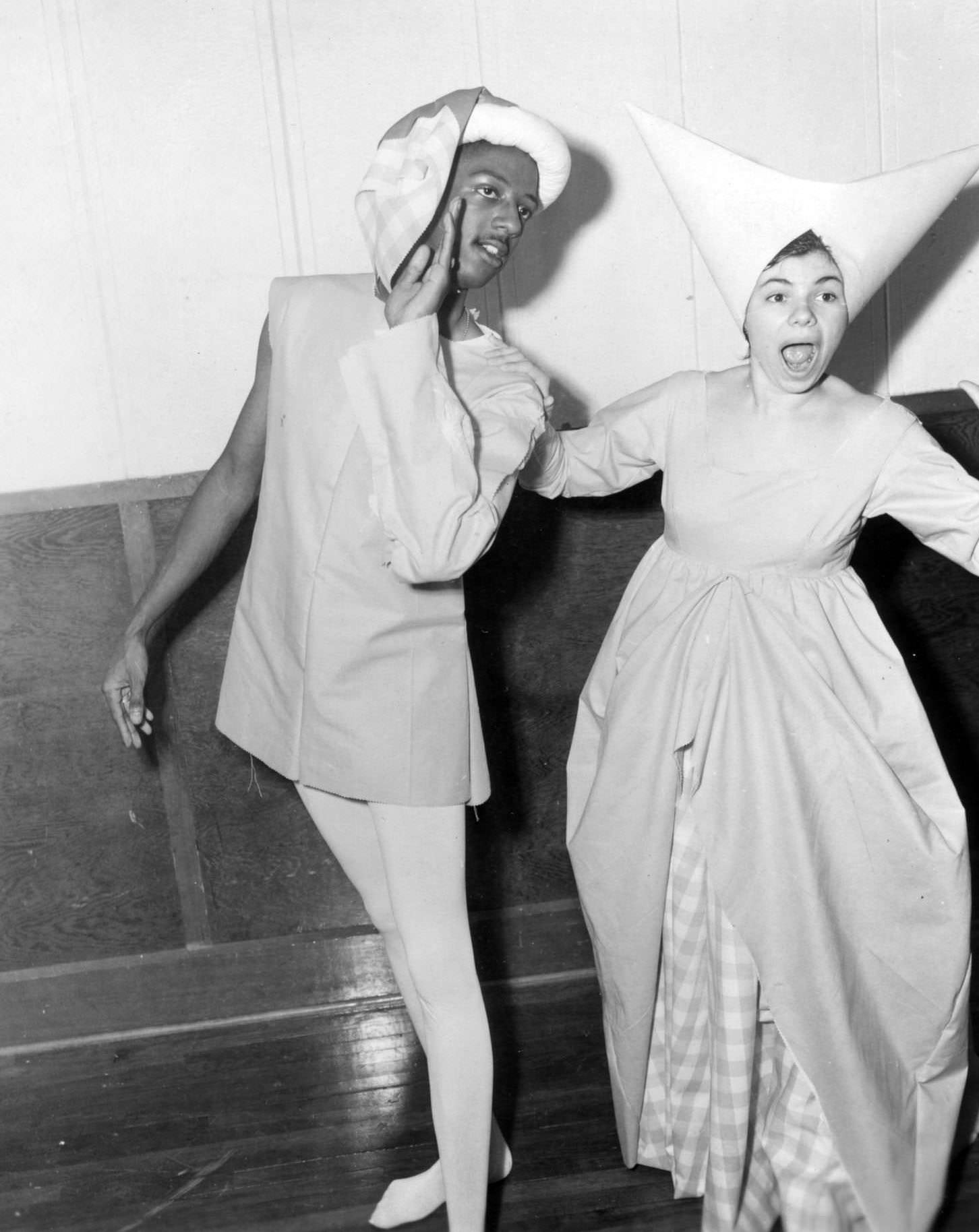 An actor and actress in costume for a production of "Once Upon a Mattress" at Zilker Hillside Theatre, 1967