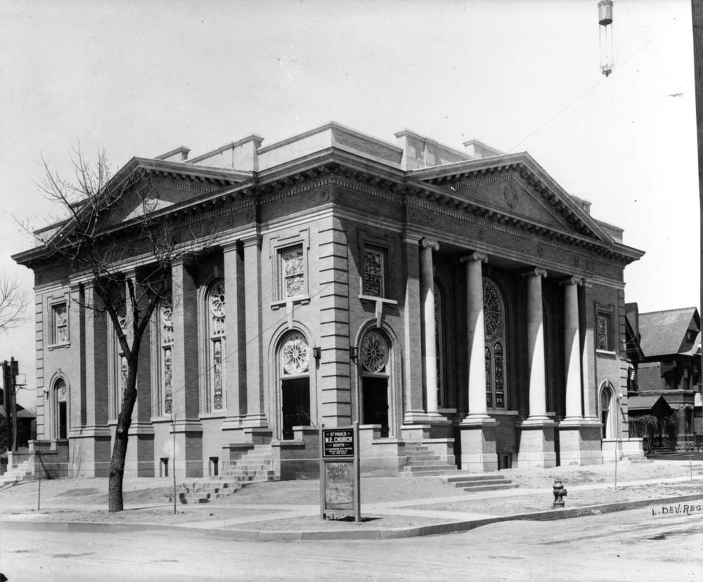 View of Saint Paul's Methodist Episcopal Church at 16th (Sixteenth) and Ogden Streets in the North Capitol Hill neighborhood of Denver, 1900