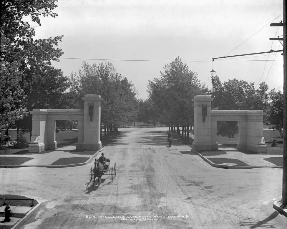 View of McLellan Gate, City Park, Denver, 1904