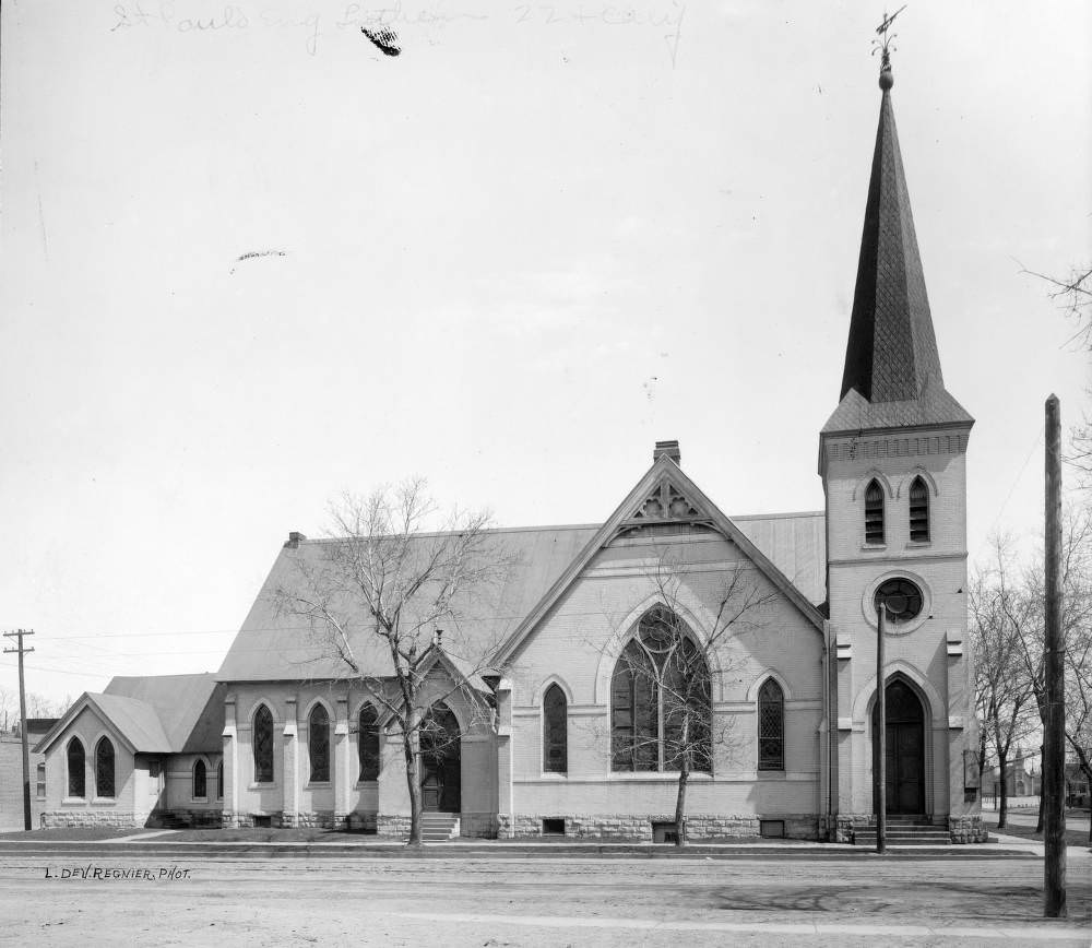 View of St. Paul's English Lutheran Church at 22nd (Twenty-second) and California Streets in the Five Points neighborhood of Denver, 1900