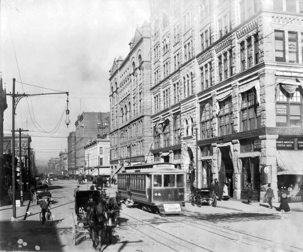 Denver Tramway Company 17th (Seventeenth) Avenue trolley 44 is by the Kittredge Building on 16th (Sixteenth) Street in Denver, 1905