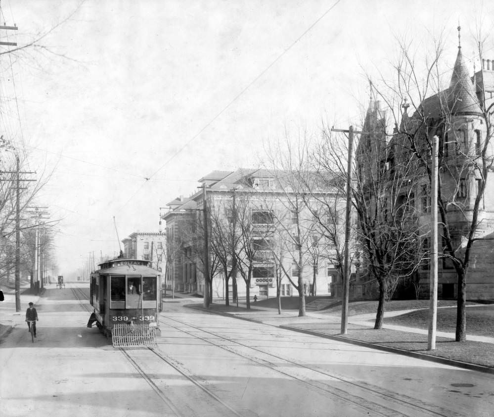 Denver Tramway Company trolley Colfax number 339 is on Colfax Avenue by the Lawrence C. Phipps home at the corner of Marion Street in Denver, 1905
