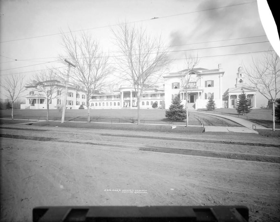 Exterior view of Oakes Home, Denver, Colorado, on West 32nd (Thirty-second) Avenue at Decatur including chapel completed in 1904 center right