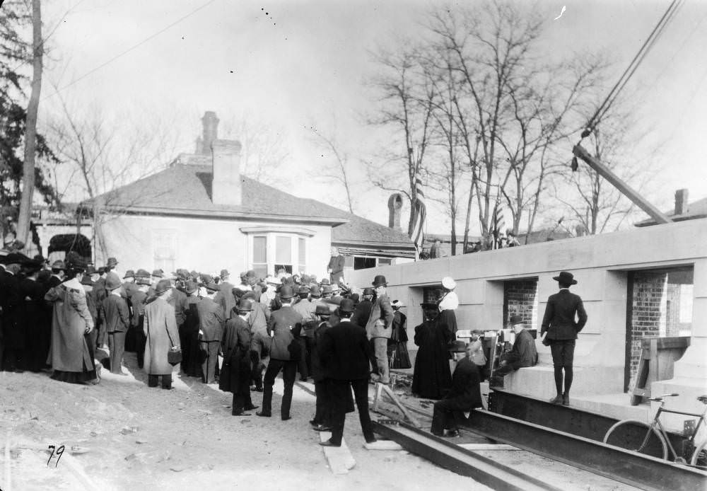 Colorado Governor Henry Augustus Buchtel speaks to a crowd at the cornerstone ceremony at the Denver Public Library (Carnegie) construction site in the Civic Center neighborhood of Denver, 1907