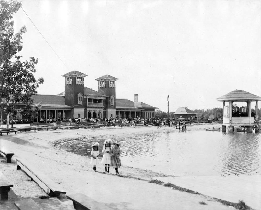 Girls pose on the shore of City Park Lake in Denver, 1905