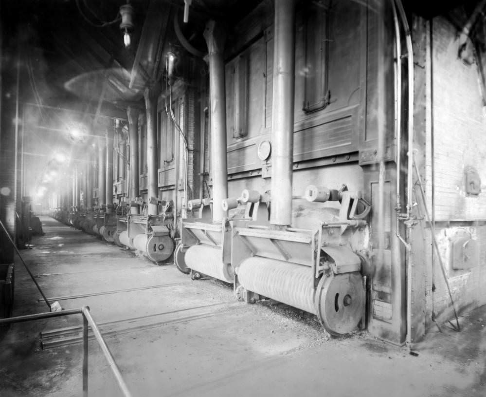 Interior view of furnaces and machinery at the Denver Tramway Company power station in Denver, 1905