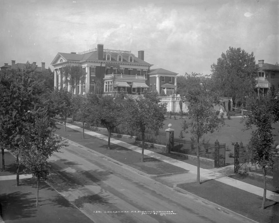 Exterior view of Walter Scott Cheesman's residence (later called Cheesman-Evans-Boettcher mansion & Governor's mansion), 400 East 8th (eighth) Denver, 1908