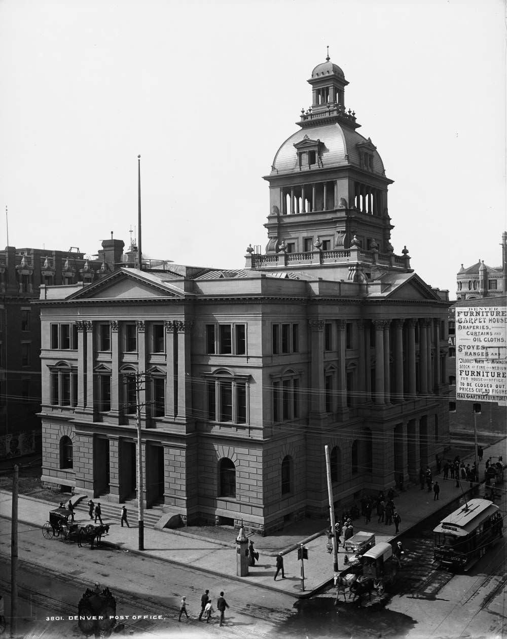 Rooftop view of the Post Office at 16th (Sixteenth) and Arapahoe Street in downtown Denver, 1900