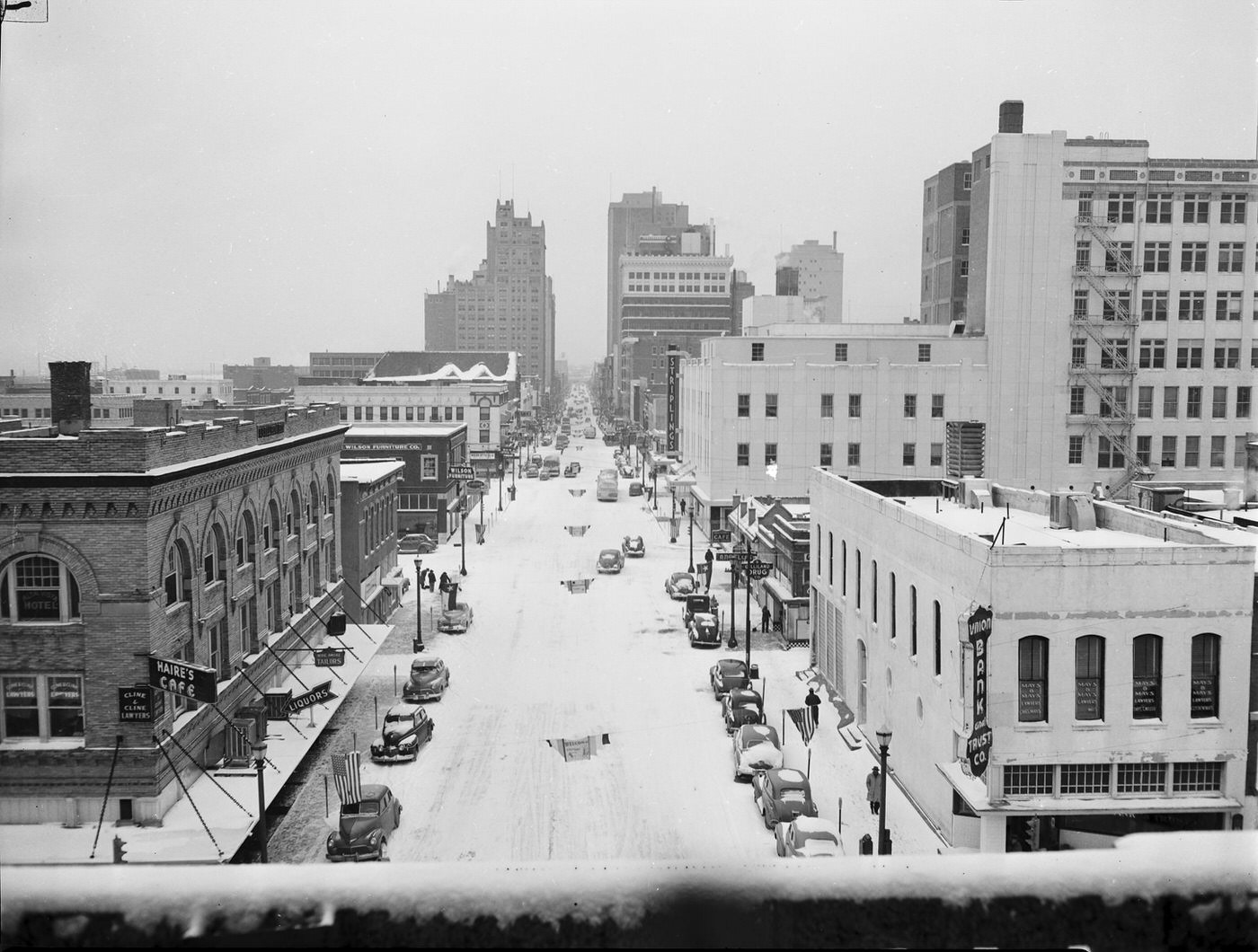 View from the Tarrant County courthouse of a snow covered downtown Fort Worth, Texas, 1948