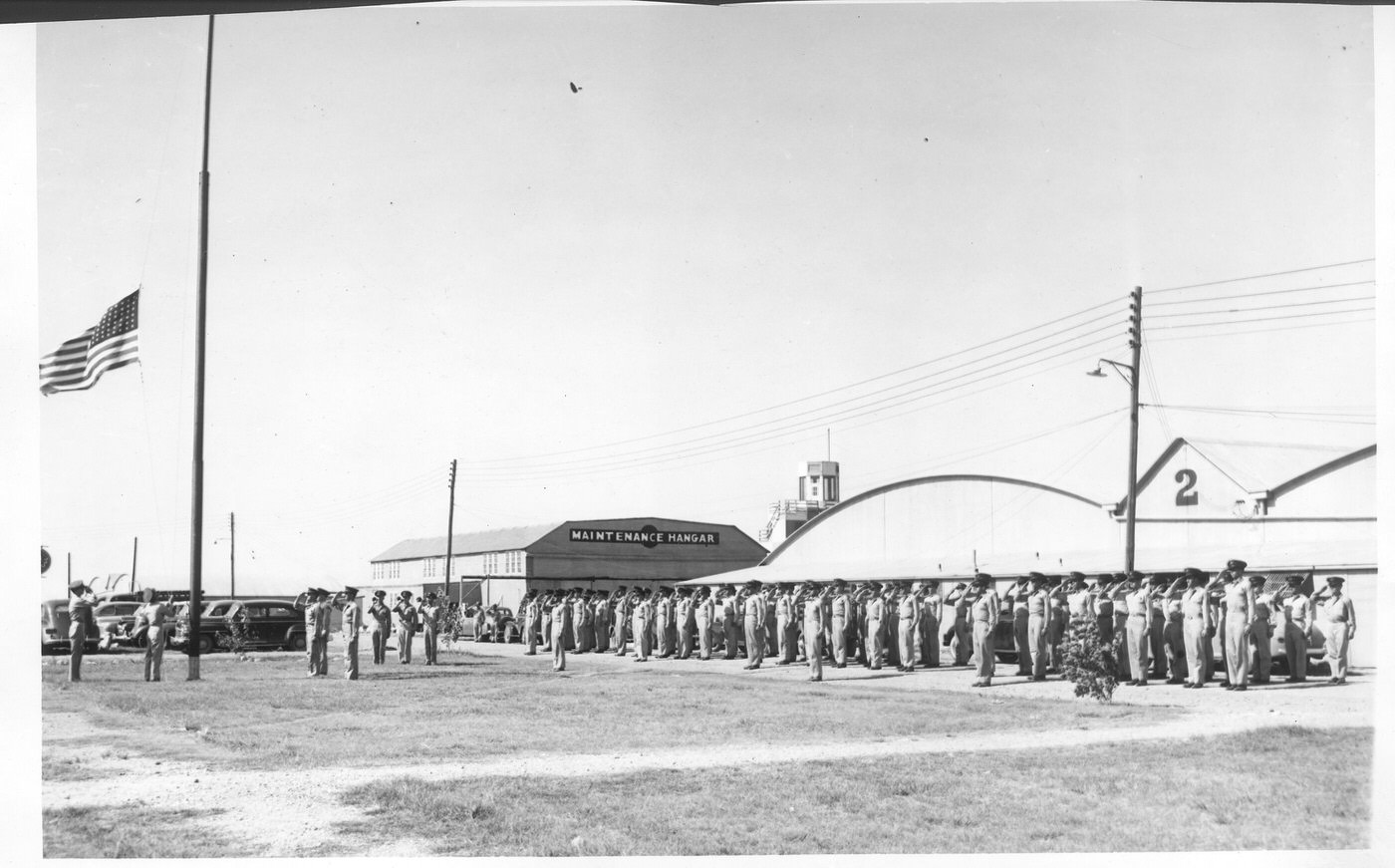 Revielle ceremony at Hicks Field ends 4-year training program for World War I and II pilots, Fort Worth, Texas, 1944