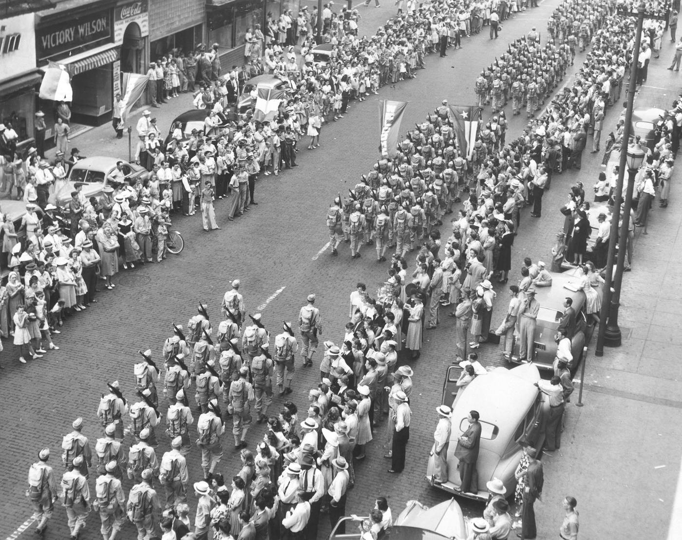 156th Infantry from Camp Bowie, Texas, marching on Fort Worth's Main St., 1940