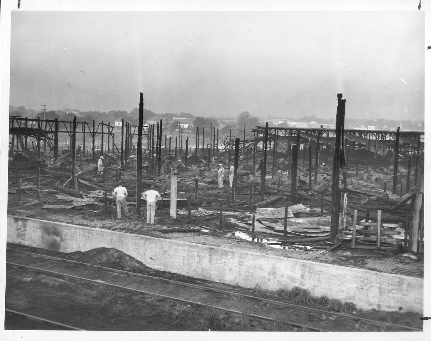 Burned sheep pens in Fort Worth stockyards, 1947