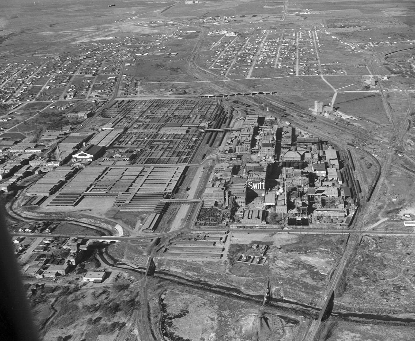 An aerial view of Fort Worth stockyards and Swift meat packing company, 1945