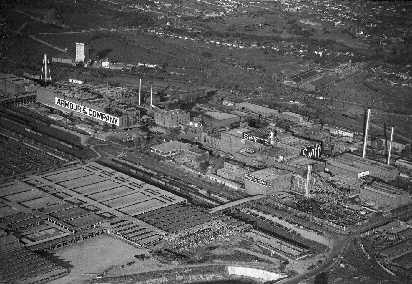 An aerial view of Fort Worth Stockyards, Armour & Company and Swift Company, 1945