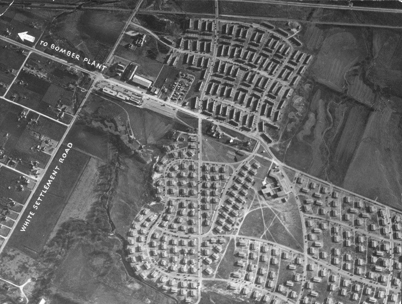 An aerial view of base housing, Carswell Air Force Base, Fort Worth, Texas, 1945