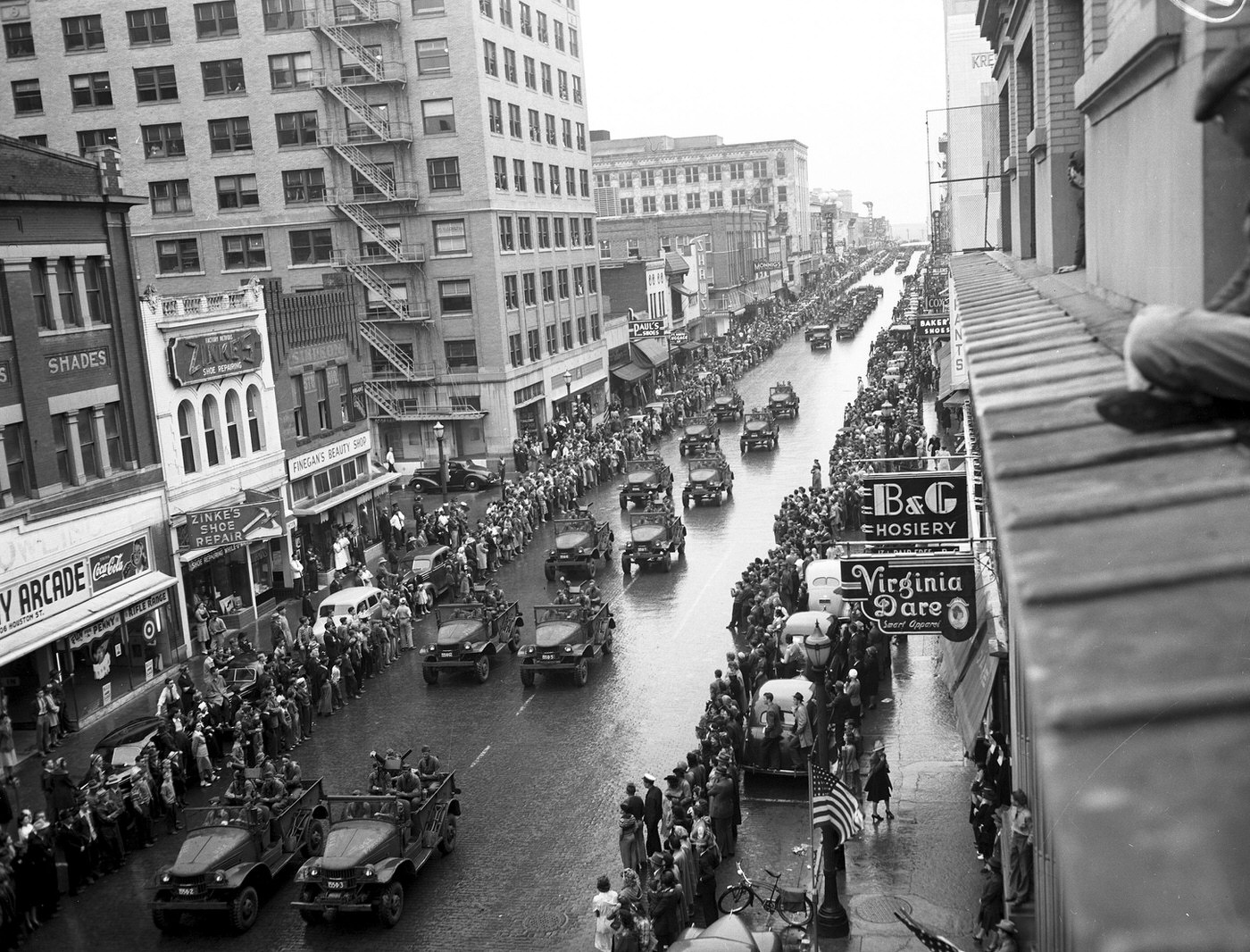 Army Day Parade at downtown Fort Worth. Crack troops of the 155th Infantry Regiment, 31st Division, paraded downtown Fort Worth Monday morning between crowd-lined sidewalks, 1942