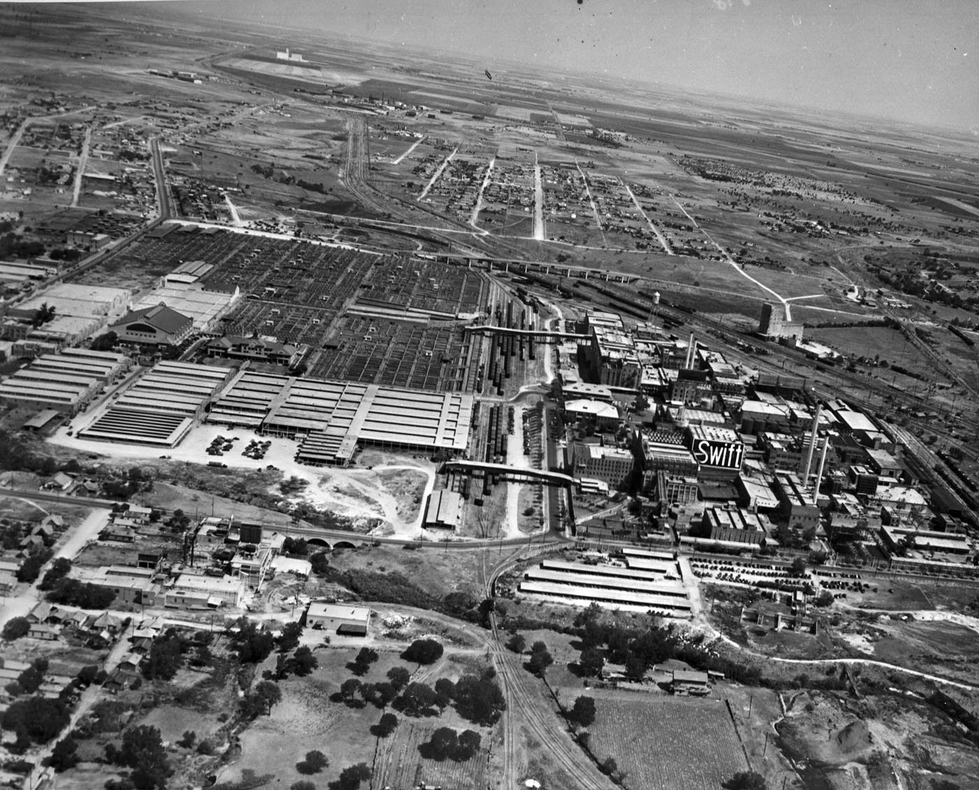 An aerial of Swift & Company and stockyards, 1942