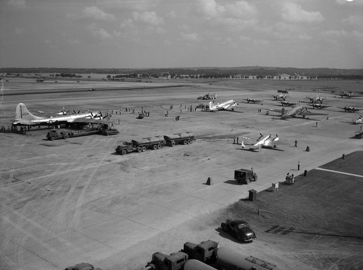 A view of the Fort Worth Army Air Field (FWAAF) on Army Air Forces Day. The air field is pictured early in the day from an air traffic control tower, 1946