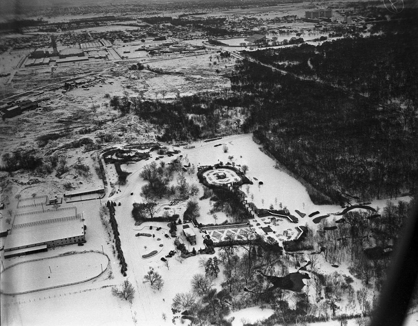 Air view of the Rose Garden, Fort Worth, Texas and Botanic Garden, Fort Worth, Texas, covered in snow, 1940