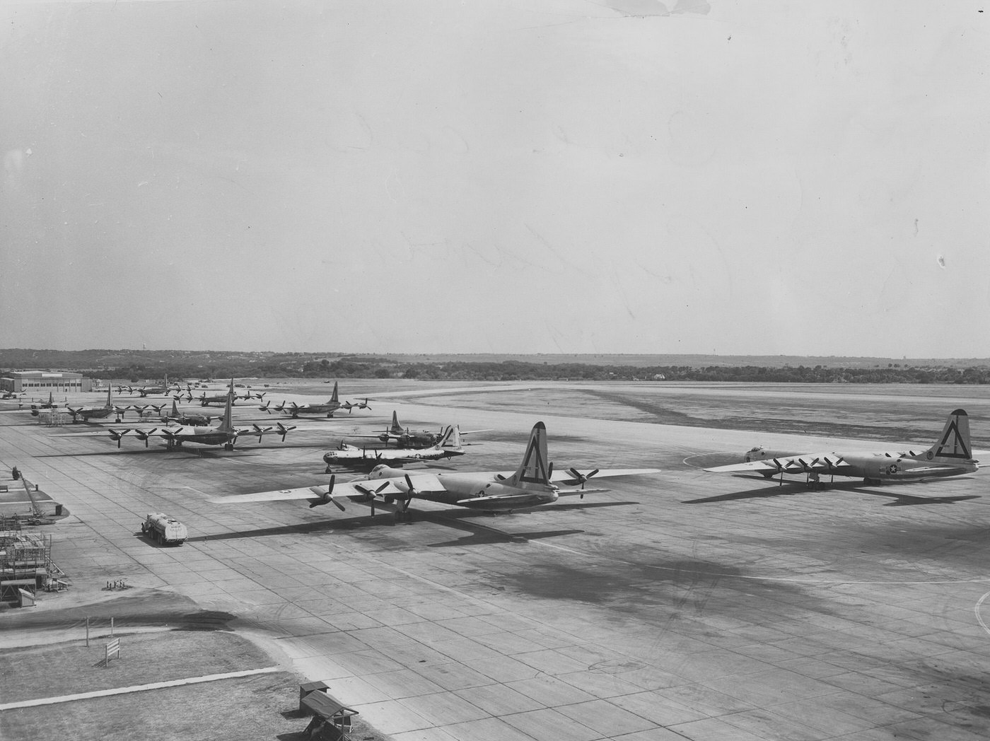 8th Air Force fleet of B-36 bombers parked on tarmac, Carswell Air Force Base, 1948