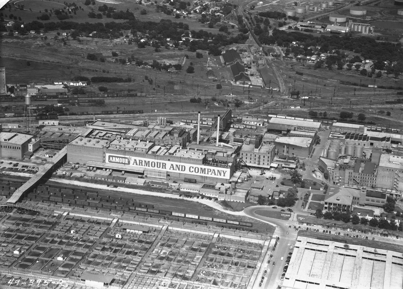An aerial of meat packing plants in the Fort Worth Stockyards, 1949