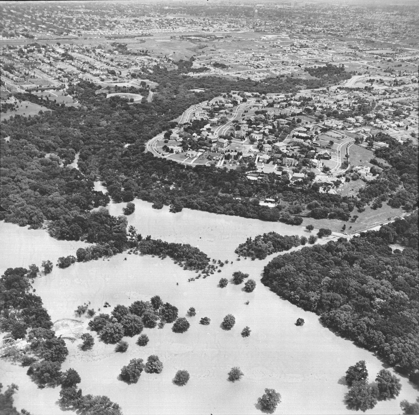 An aerial of flooded neighborhoods, 1949