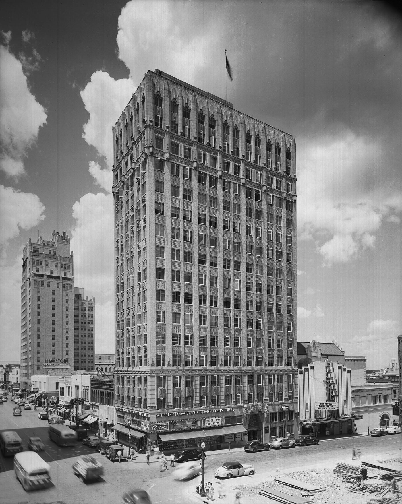 Aviation building at 7th and Main, downtown Fort Worth - Commercial Standard Insurance Company, Blackstone Hotel on Main St., Palace Theater on 7th St., Ellison Furniture in background on right, 1945