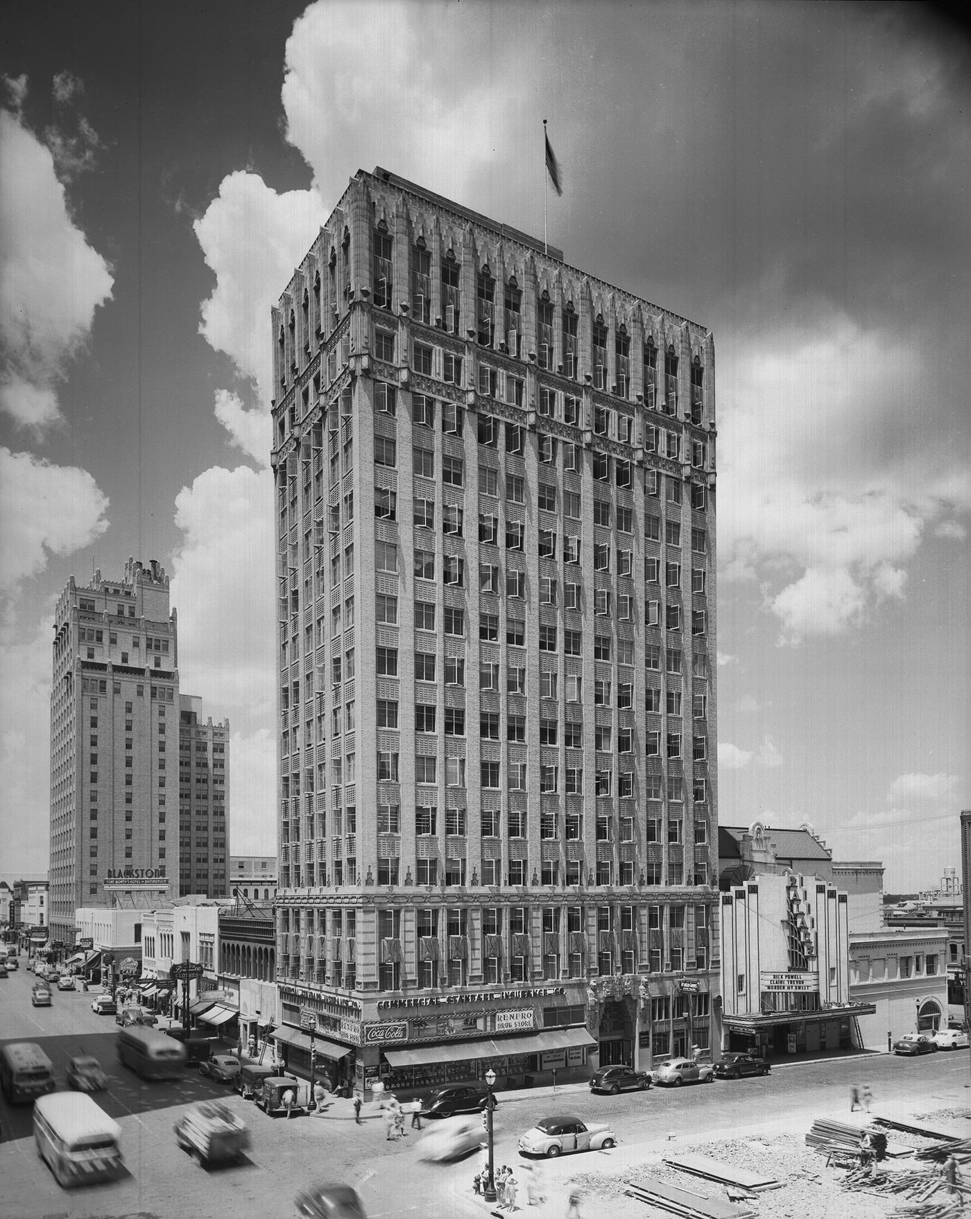 Aviation building at 7th and Main, downtown Fort Worth - Commercial Standard Insurance Company, Blackstone Hotel on Main St., Palace Theater on 7th St., Ellison Furniture in background on right, 1945