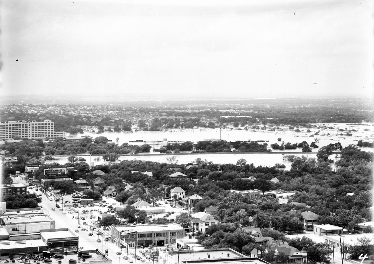 Fort Worth Flood Scene Panorama. Buildings, roads, trees and flooded area are seen, 1949