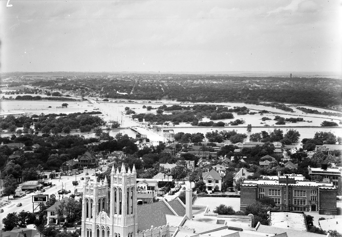Fort Worth Flood Scene Panorama. Buildings, trees and flooded area are seen.