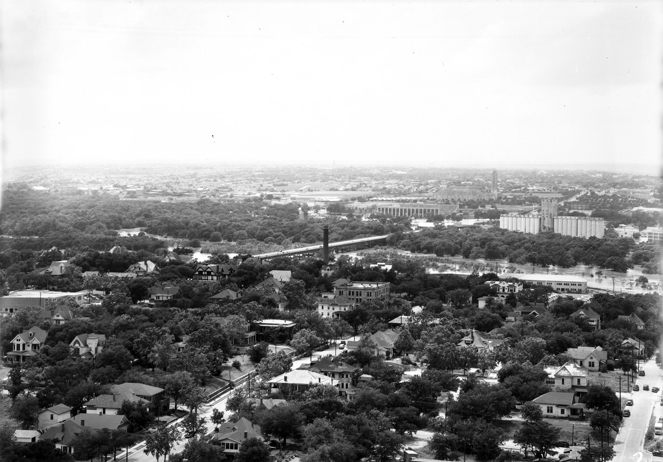 Fort Worth Flood Scene Panorama. Buildings, trees and flooded area are seen, 1949