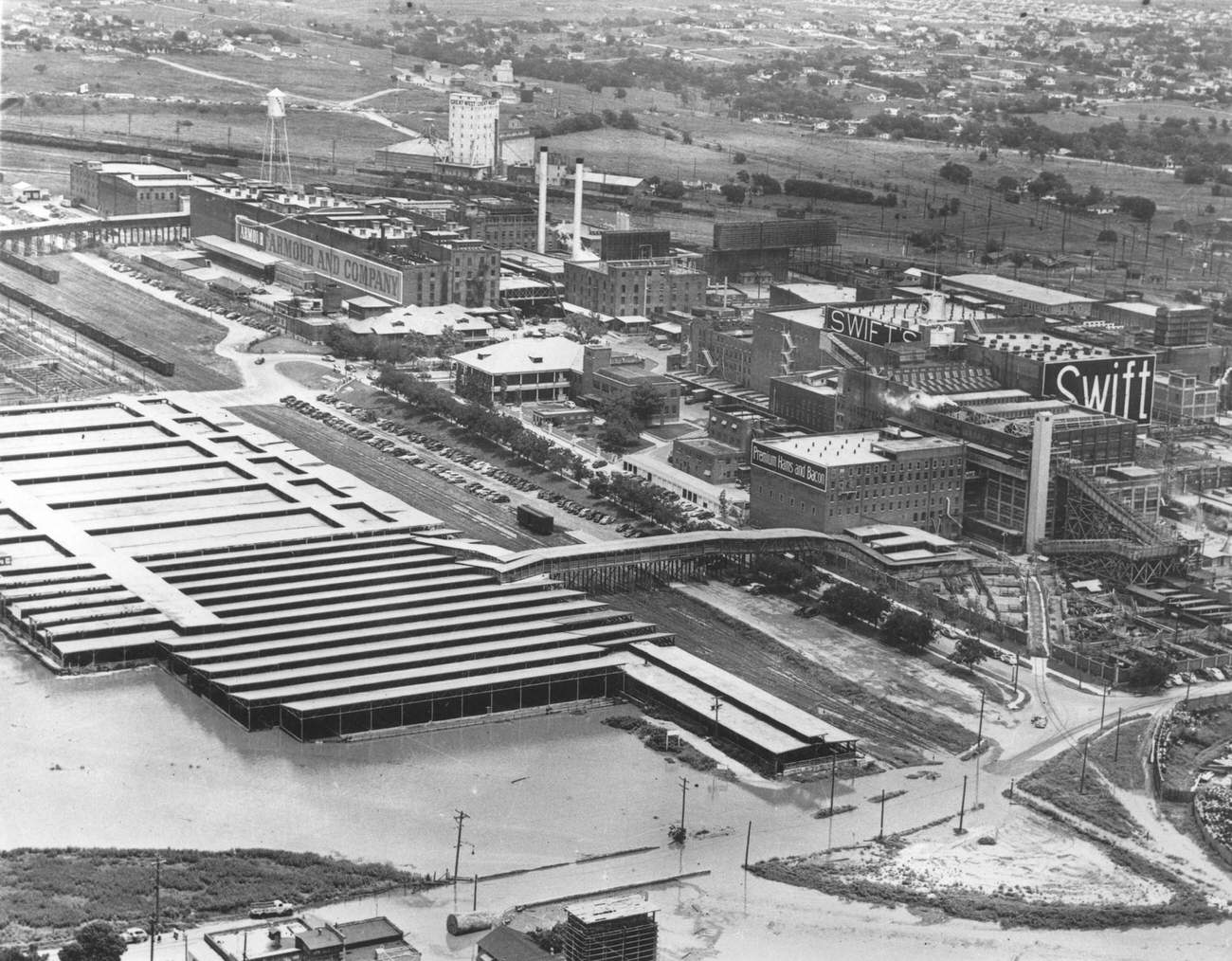 Aerial of the Fort Worth stockyards and Armour & Company during 1949's flood.